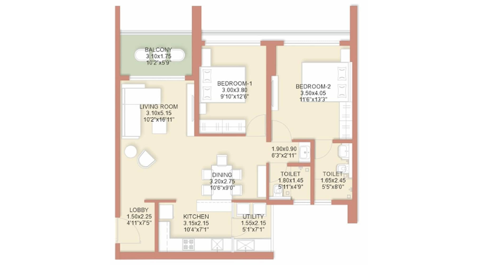 Rohan-Ekam-Floor-Plan-2-BHK